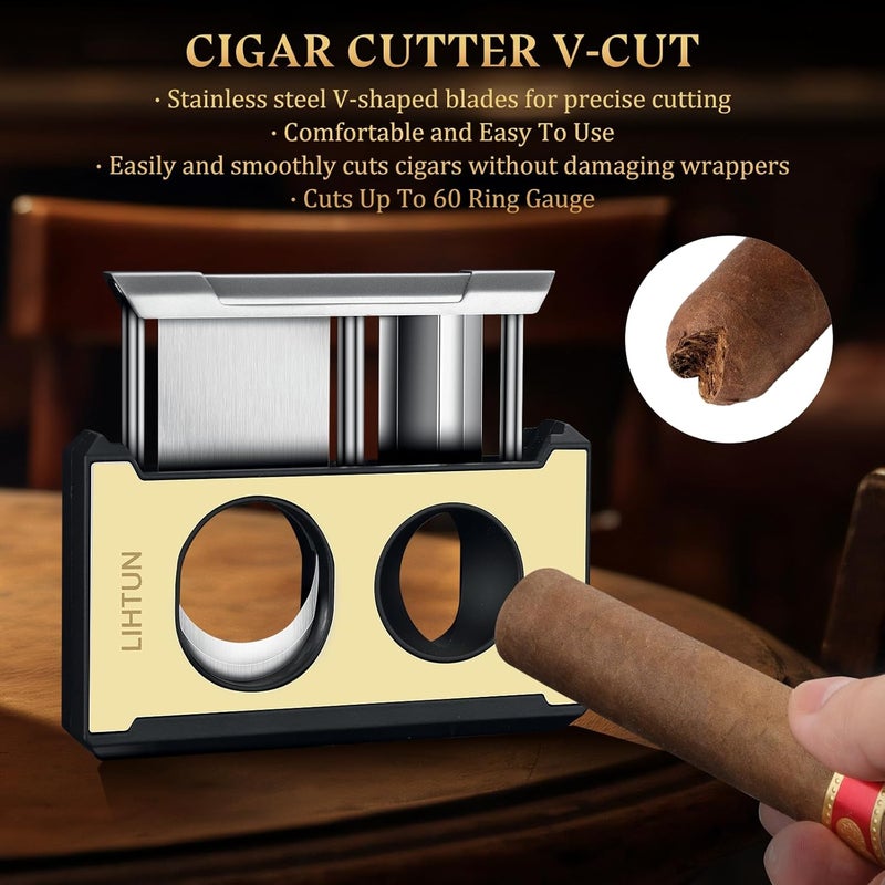 LIHTUN Cigar Cutter Guillotine 4 in 1 One Touch Straight Cut V Cutter with Cigar Punch Cigar Draw Enhancer, Gift for Men, Stainless Steel Double Blade Cigar Clippers, Cuts Up to 60 Ring Gauge Cigars - Image 5